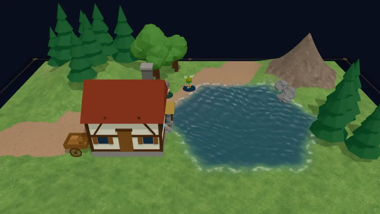 Une scène construite sans image : de l'herbe, un chemin de terre, un lac, une colline, une maison, des arbres.