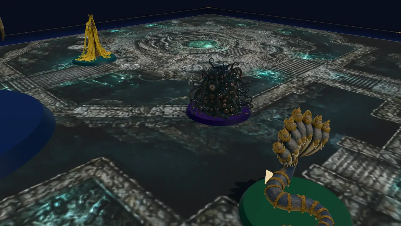 Close-up: a shoggoth covered in eyes and tentacles, a naga with seven golden heads, Hastur draped in yellow.